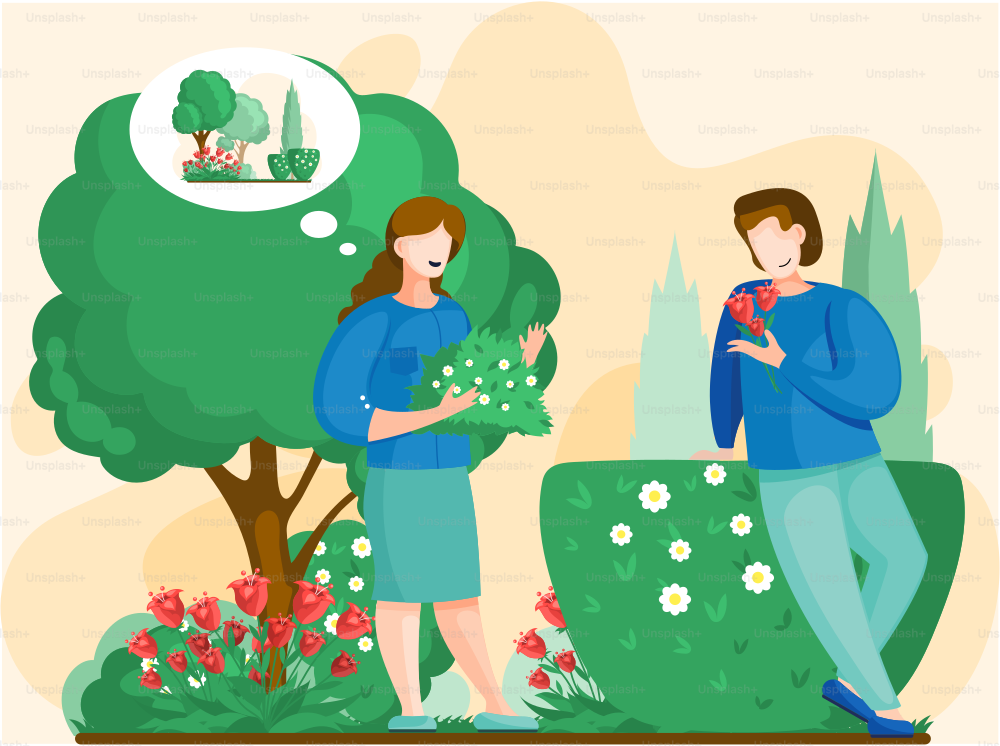 People gardener farmer work in garden. Couple gardening, woman and man farmers agricultural workers growing plants and flowers on lawn or backyard, discussing planting in flower bed, gardening hobby