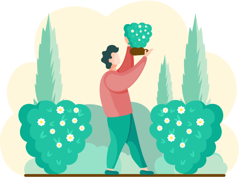 Guy gardening plants on backyard, flowers on beautiful bush, enjoying flowering in spring garden. Gardener standing wth bouquet in hands. Organic horticulture. worker is engaged in gardening