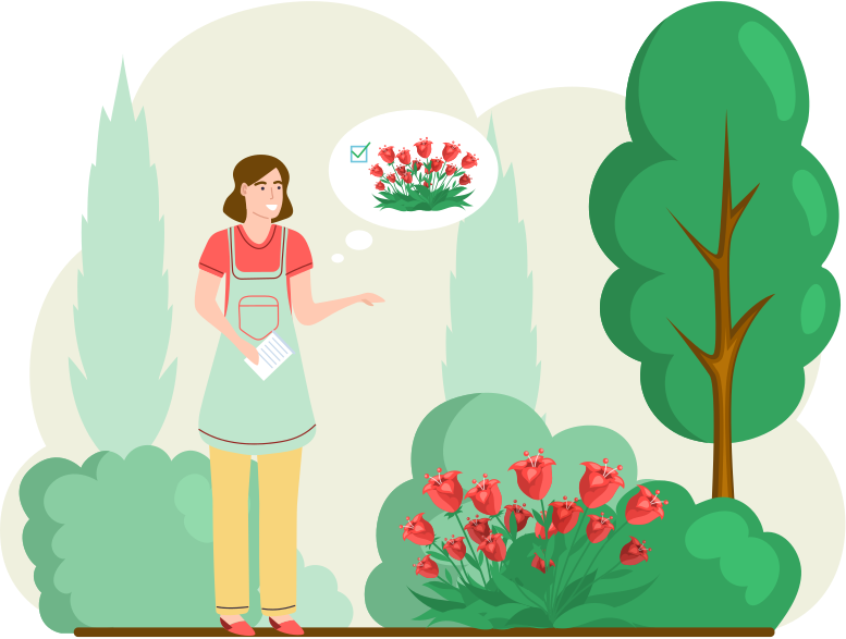 Girl gardening plants on backyard flowers on beautiful flower bed, enjoying tulips and roses in spring garden. Organic horticulture illustration. Gardener worker is engaged in gardening in grounds