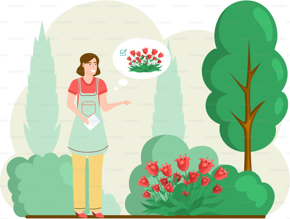 Girl gardening plants on backyard flowers on beautiful flower bed, enjoying tulips and roses in spring garden. Organic horticulture illustration. Gardener worker is engaged in gardening in grounds