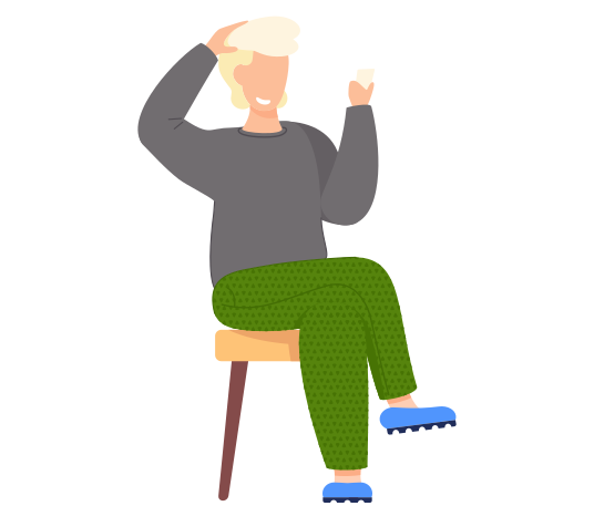 Young woman sitting on chair and holding playing cards. Girl reads and smiles holds his head with hand. Male character dressed in casual clothes examines cards. Woman resting and play table game alone