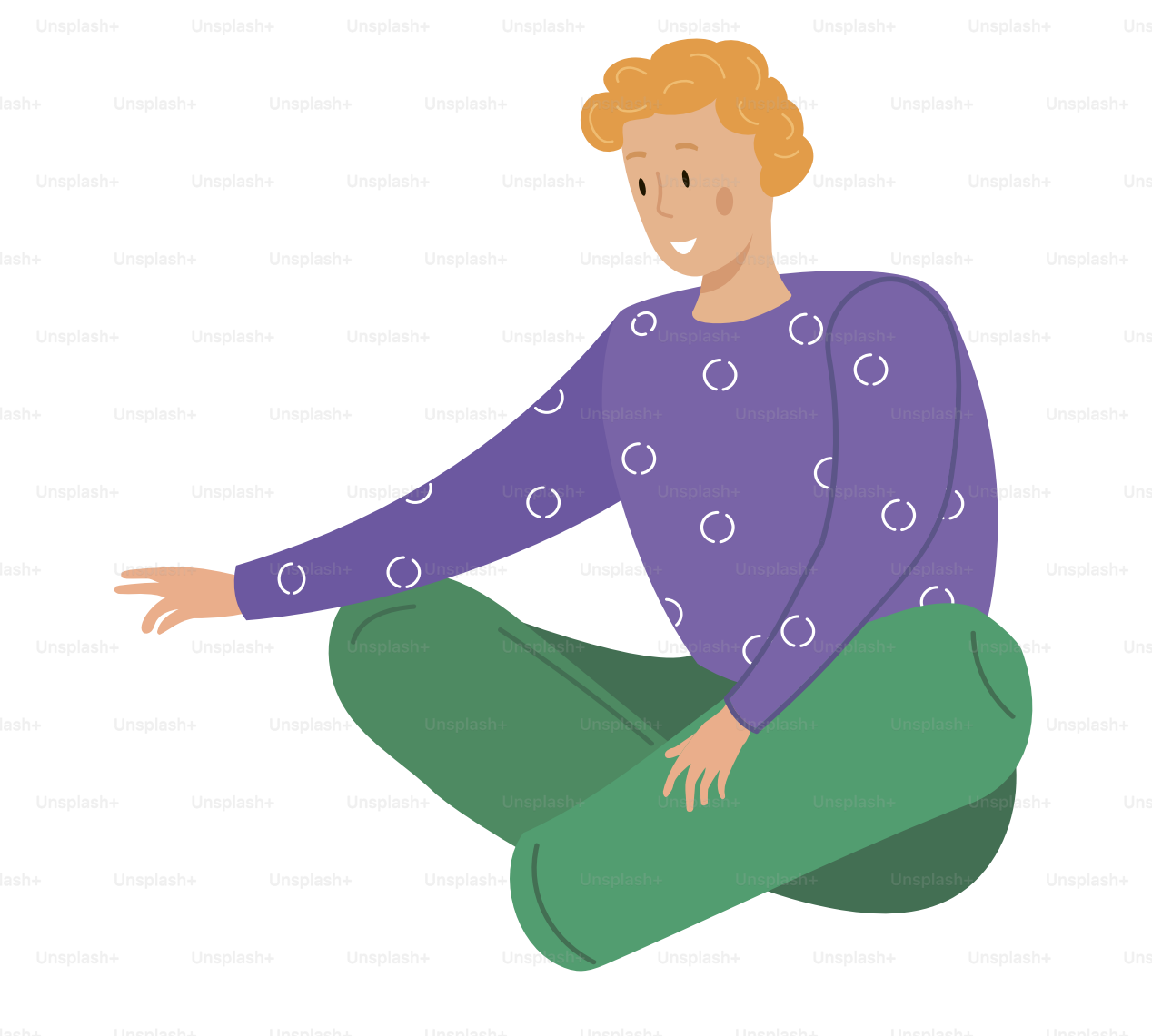 Pria tersenyum duduk di lantai ilustrasi vektor. Pria yang duduk di lantai mengulurkan tangan untuk sesuatu. Karakter laki-laki duduk dengan kaki terselip dan melihat ke depan. Orang di lantai terisolasi dengan latar belakang putih