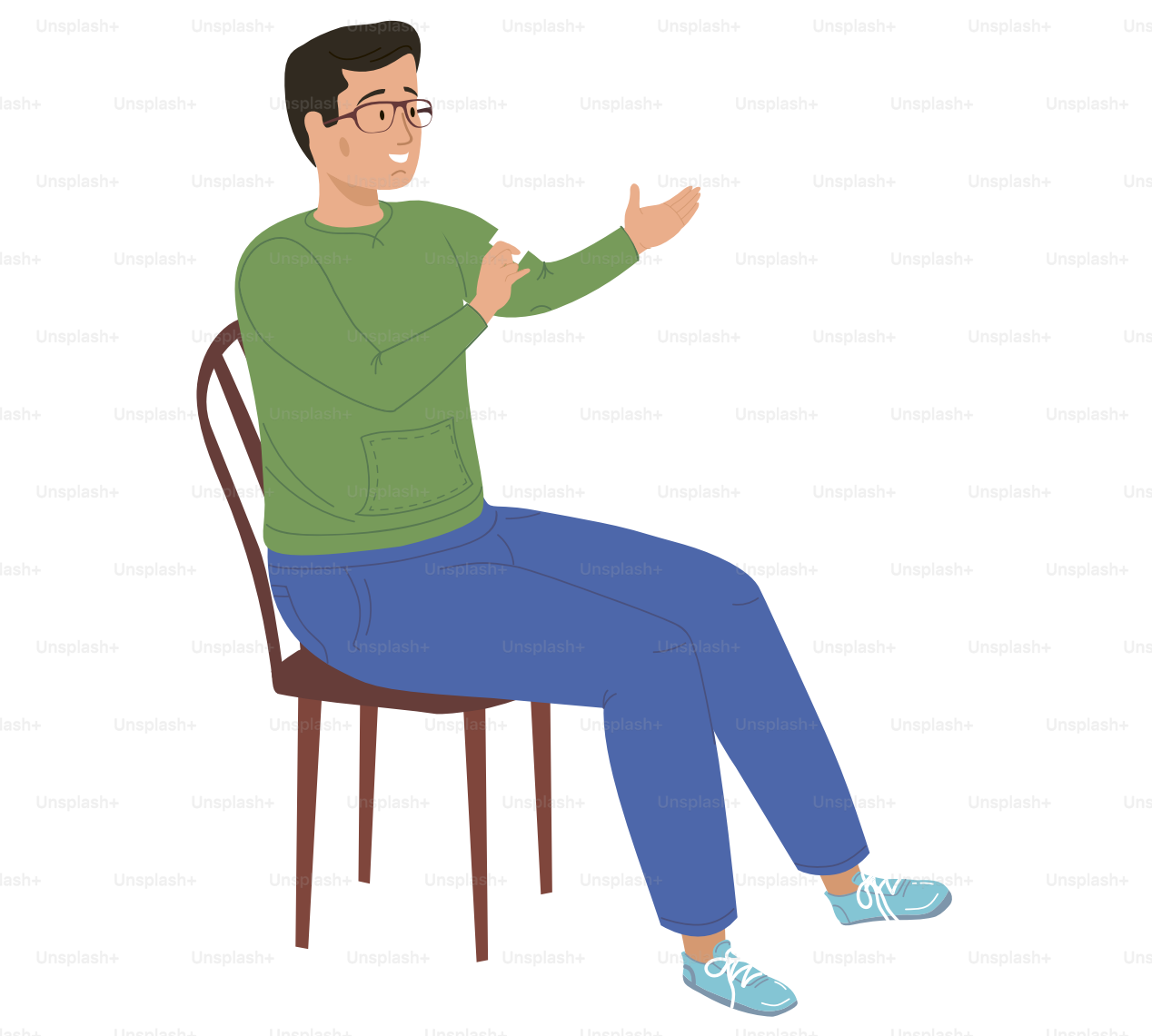 Pria tersenyum berkacamata duduk di kursi. Pria yang duduk di kursi memegang kartu di tangannya. Karakter laki-laki memegang selembar kertas putih dan melihat sesuatu. Orang di kursi terisolasi dengan latar belakang putih