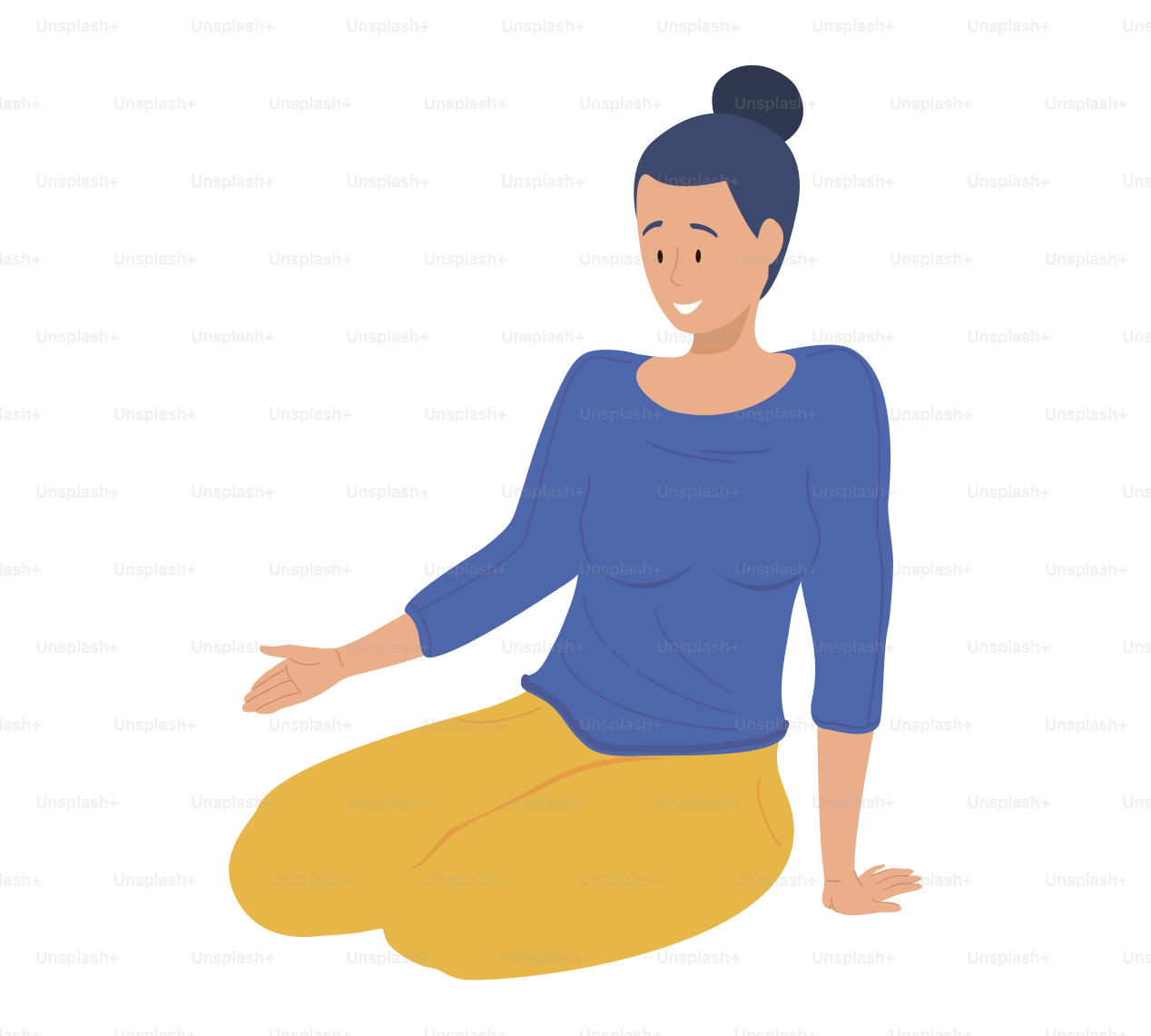 Smiling woman sits on floor. Girl sitting on floor and points to something with her hand. Female character sits with her legs tucked and looks forward. Person on floor isolated on white background