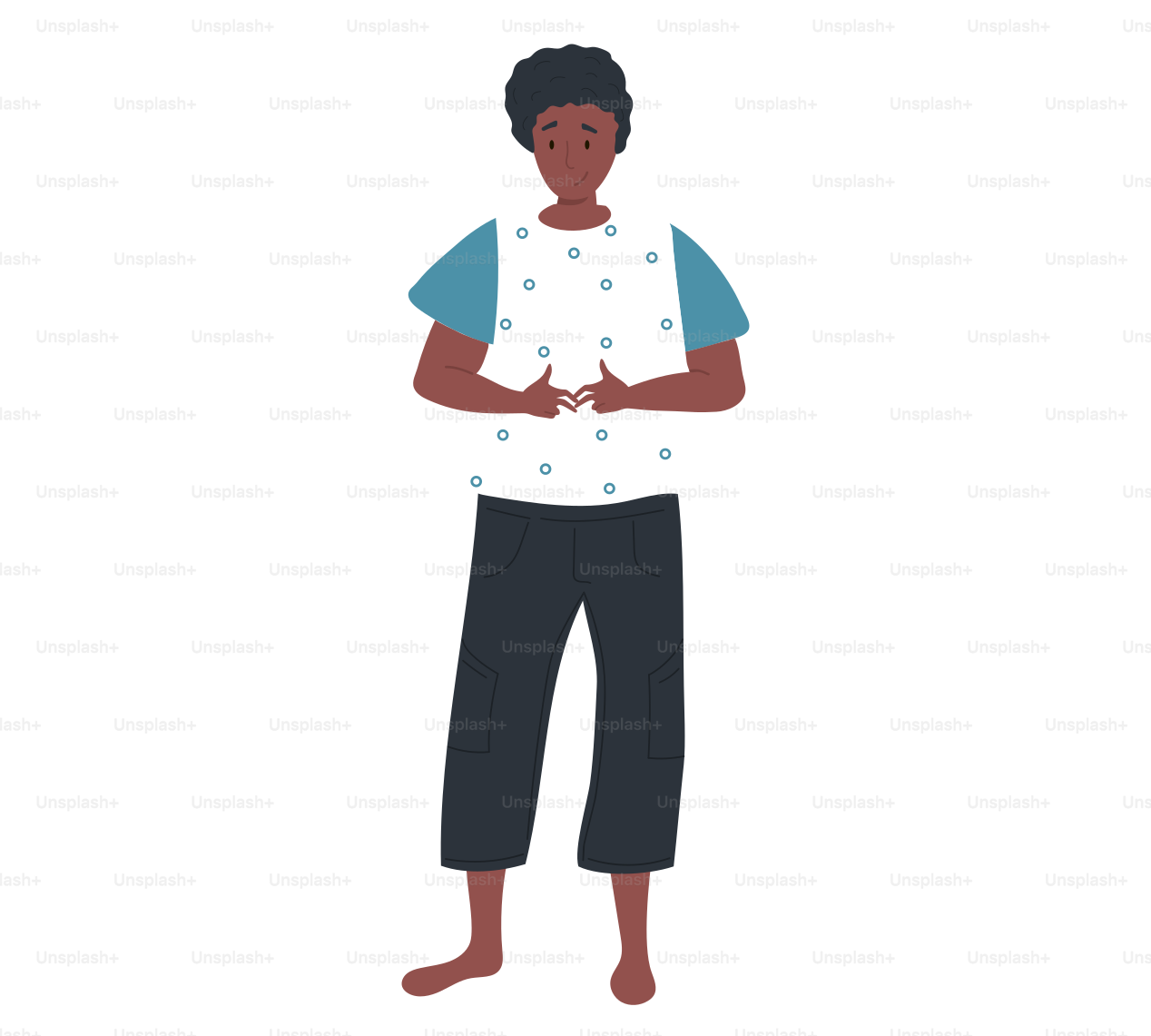 Afro american girl stands and hesitates. Shy female character standing isolated on white background. Woman smiles shyly and crosses her fingers. Lady looks at something embarrassed vector illustration