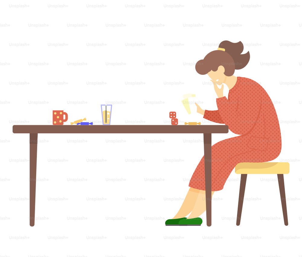 Woman holds cards sits on chair at table with sweets, cup, glass of juice and dice. Female smiles plays board game alone. Lady has interesting hobby. Person resting and spending time with card game