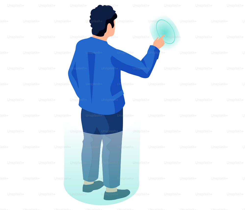 Young guy stands back view presses finger on virtual button isolated on white background. Man is looking at something behind him. Male character person stands with back to viewer vector illustration