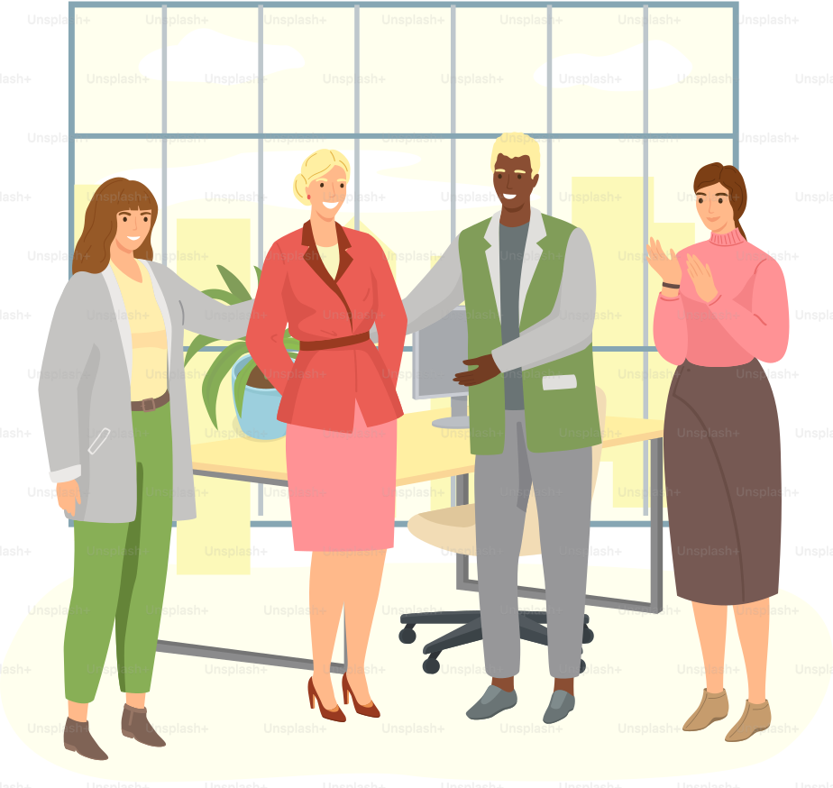 Happy woman or girl businesswoman receives congratulations from their colleagues in office. Lady clerk got promotion at work. Business team communication, corporate unity and effective interaction