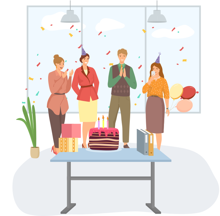 Birthday party in office flat vector illustration. Workers organize holiday, congratulate boss. Interaction, entertainment at workplace. Business team celebrate giving gifts and cake to colleague