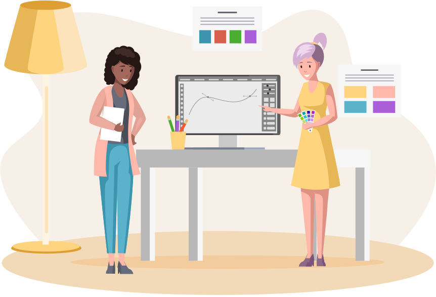 Graphic designer creating his artwork using computer software and lising music. Digital artist, illustrator, graphic design professional at workplace. Print studio workers. Freelance, work from home