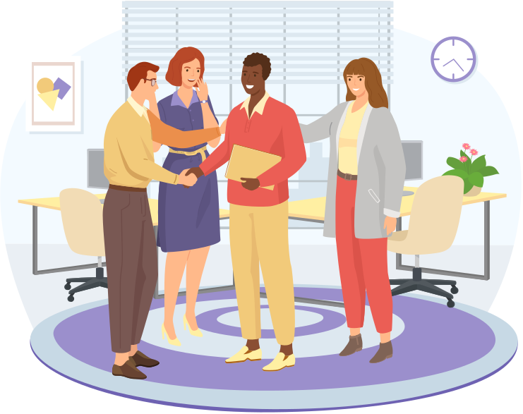 Happy woman or girl businesswoman receives congratulations from their colleagues in office. Clerk got promotion at work. Business team communication, corporate unity and effective interaction