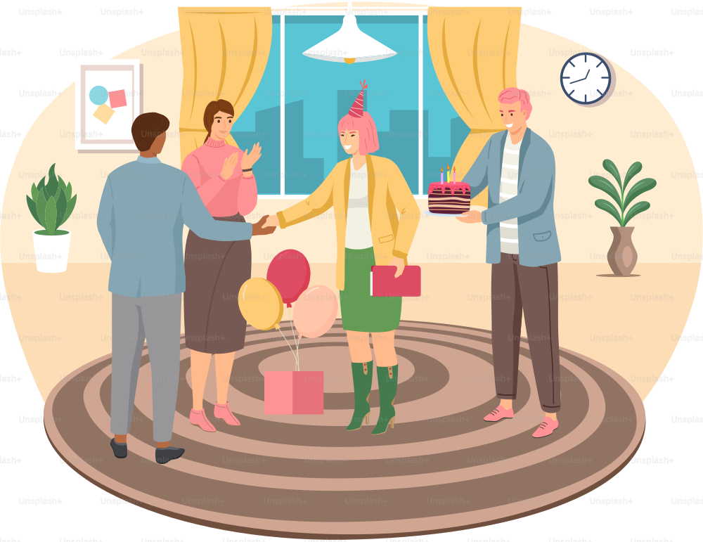 Birthday party in office flat vector illustration. Workers organize holiday, congratulate boss. Interaction, entertainment at workplace. Business team giving gifts balloonns and cake to colleague