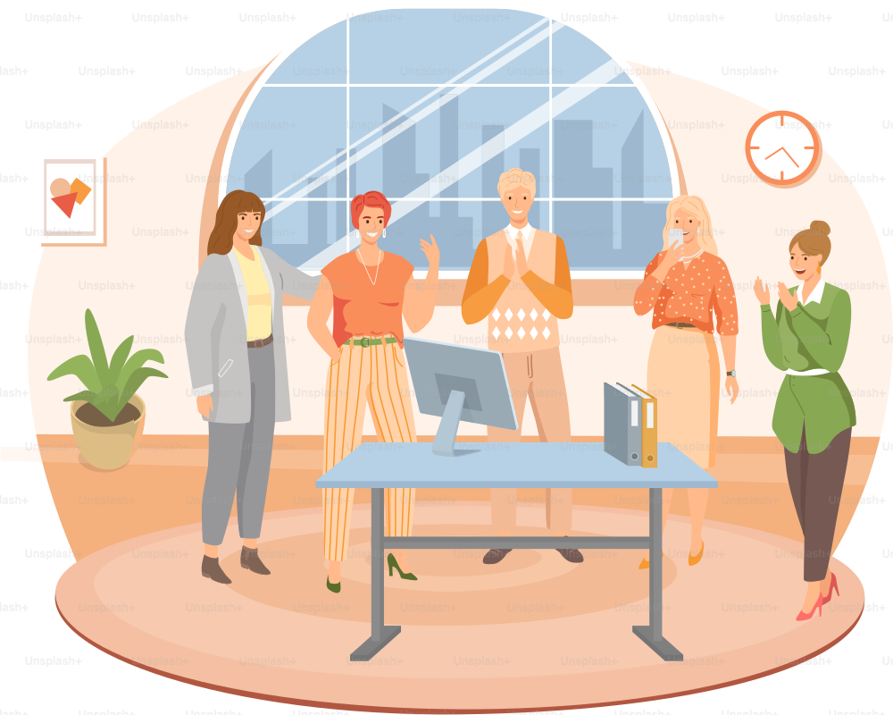 Birthday party in office flat vector illustration. Workers organize holiday, congratulate boss. Interaction, entertainment at workplace. Business team celebrate giving gifts and cake to colleague