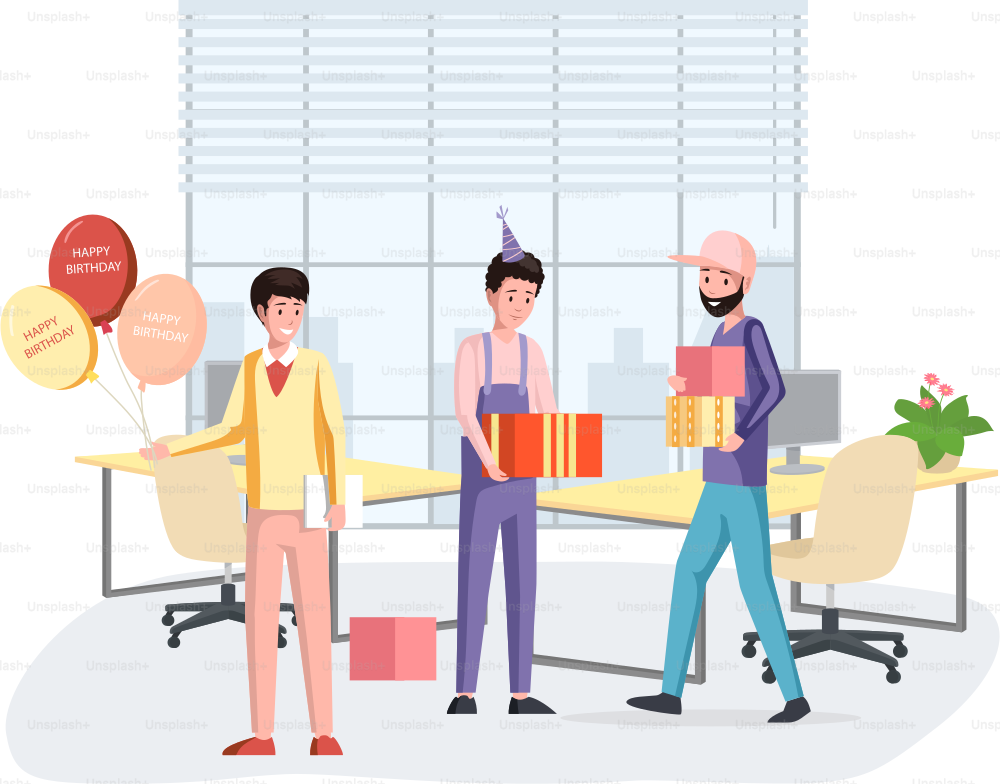 Birthday party in office flat vector illustration. Workers organize holiday, congratulate boss. Interaction, entertainment at workplace. Business team giving gifts balloonns and cake to colleague