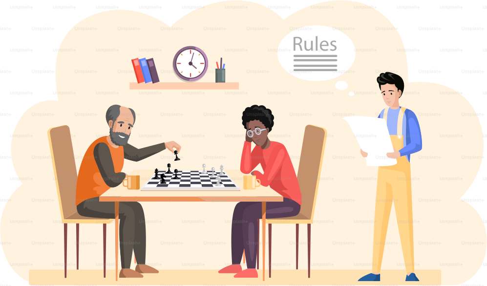 Male characters sitting at table and playing chess in living room. Person holding in hand chess figure. Dad and boy spend time together and have fun. Family playing strategy logic game at home