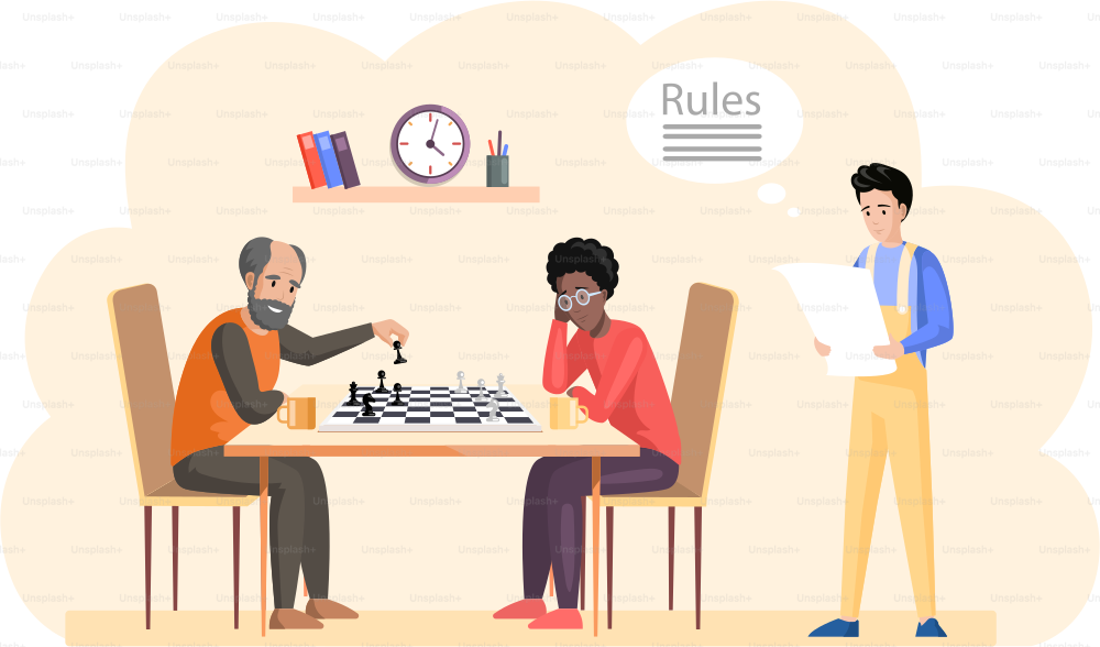 Male characters sitting at table and playing chess in living room. Person holding in hand chess figure. Dad and boy spend time together and have fun. Family playing strategy logic game at home