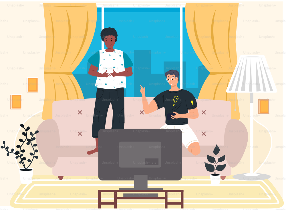 Two boys playing computer video games sitting on couch with gamepad relaxing at home, young people having good time, spending weekend together indoor. Fun leisure time with friends, entertainments
