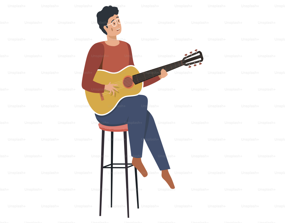 Young man playing guitar at home sings song. Private guitar lessons. Guy sitting on chair with musical instrument. Male character learning to play guitar. Guitarist creates music isolated vector