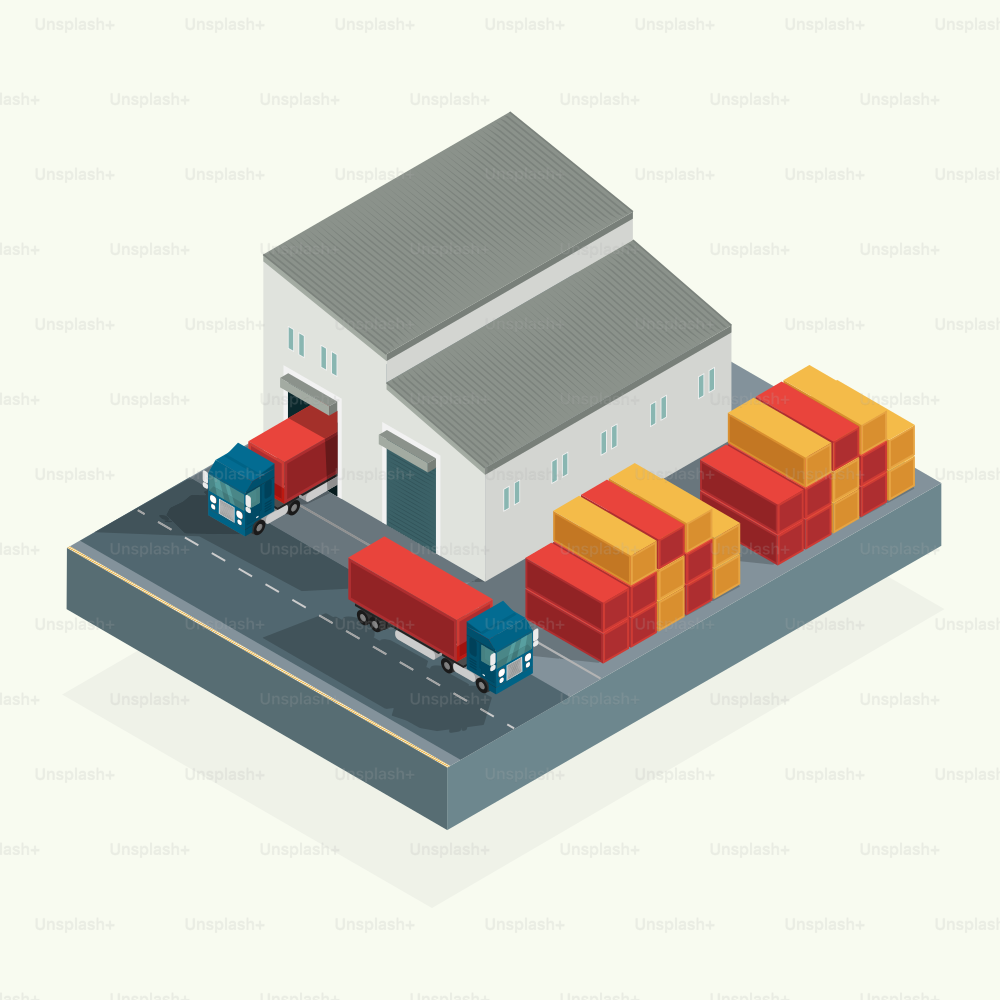 Isometric, Cargo logistics truck and transportation container in shipping yard. illustration vector