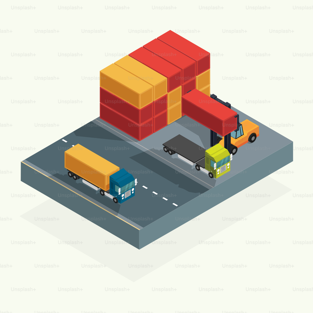 Cargo logistics truck and transportation container with forklift truck lifting cargo container in shipping yard. isometric illustration vector