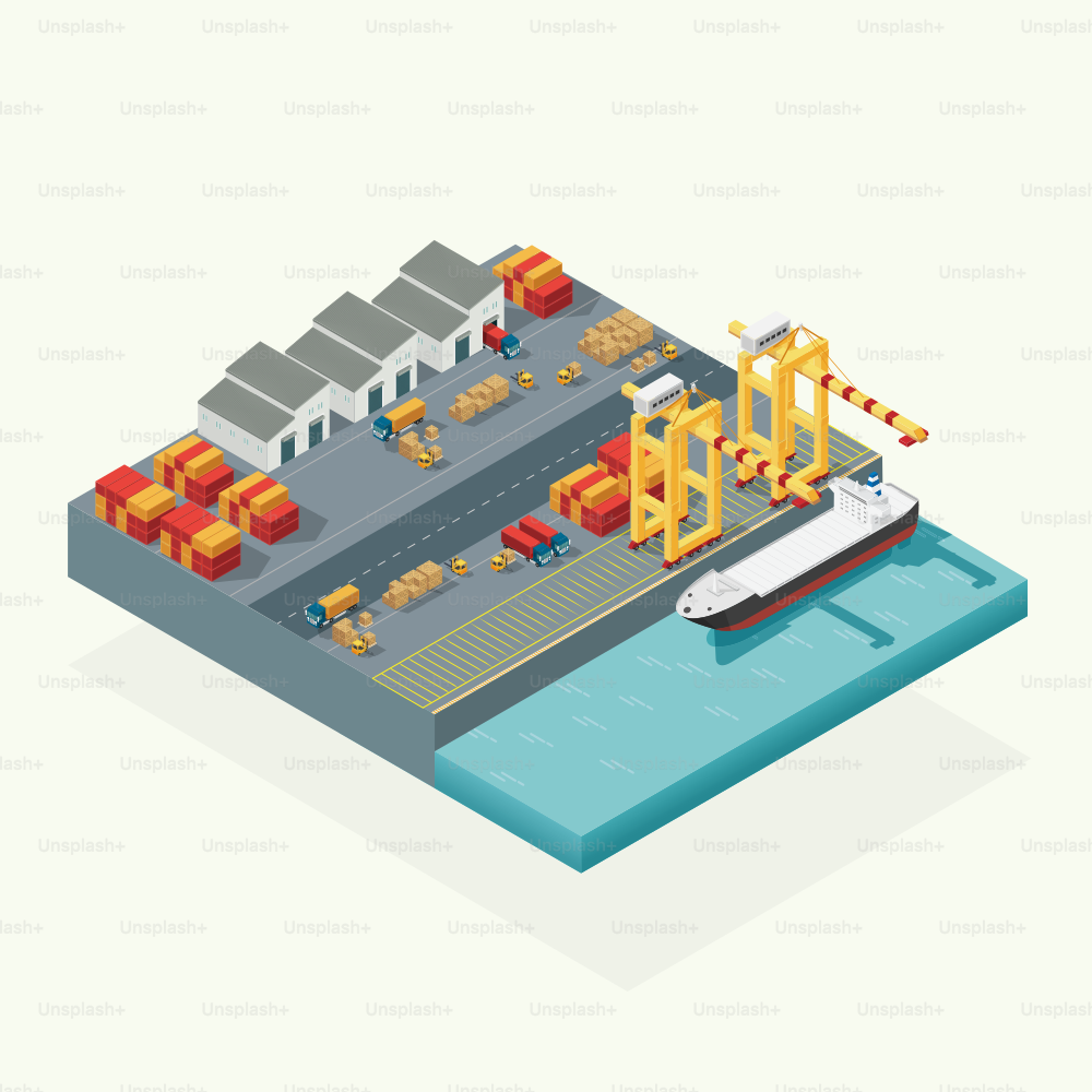 Top view cargo logistics and transportation container ship with working crane import export transport industry in shipping yard. isometric illustration vector