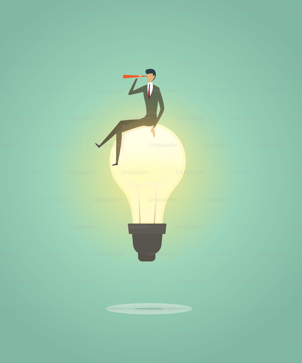 Businessman sit on lightbulb creative concept solution and with telescope see vision, ambition succes. illustration - vector