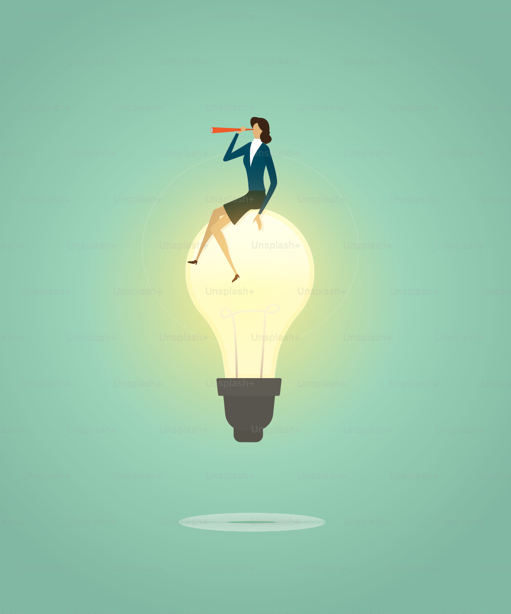 Businesswoman sit on lightbulb creative concept solution and with telescope see vision, ambition succes. illustration - vector