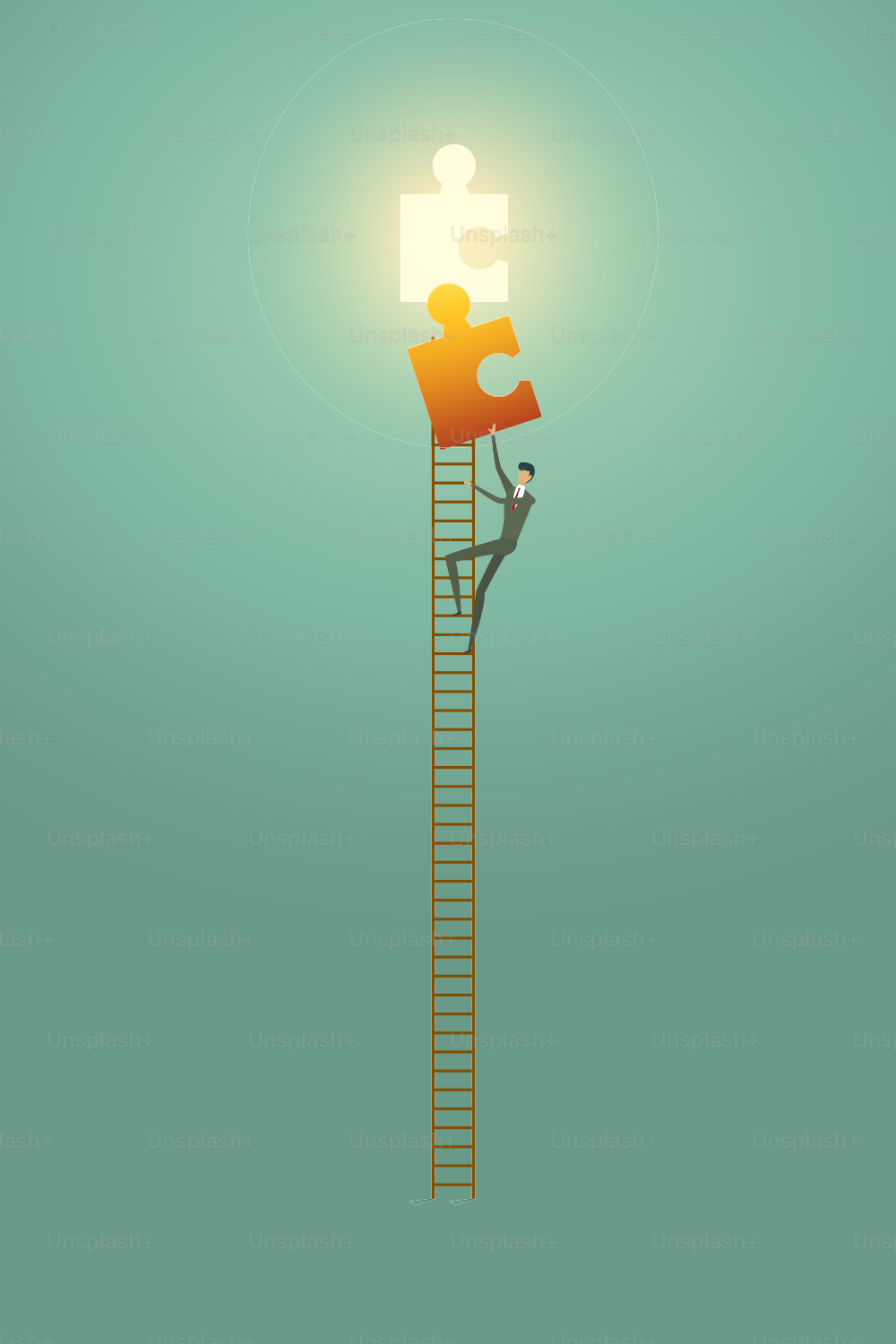 Geschäftsmann, Vision, kreatives Konzept, Lösungsmöglichkeiten auf der Leiter, Klettern, Puzzleelemente, Erfolg. Illustration - Vektor