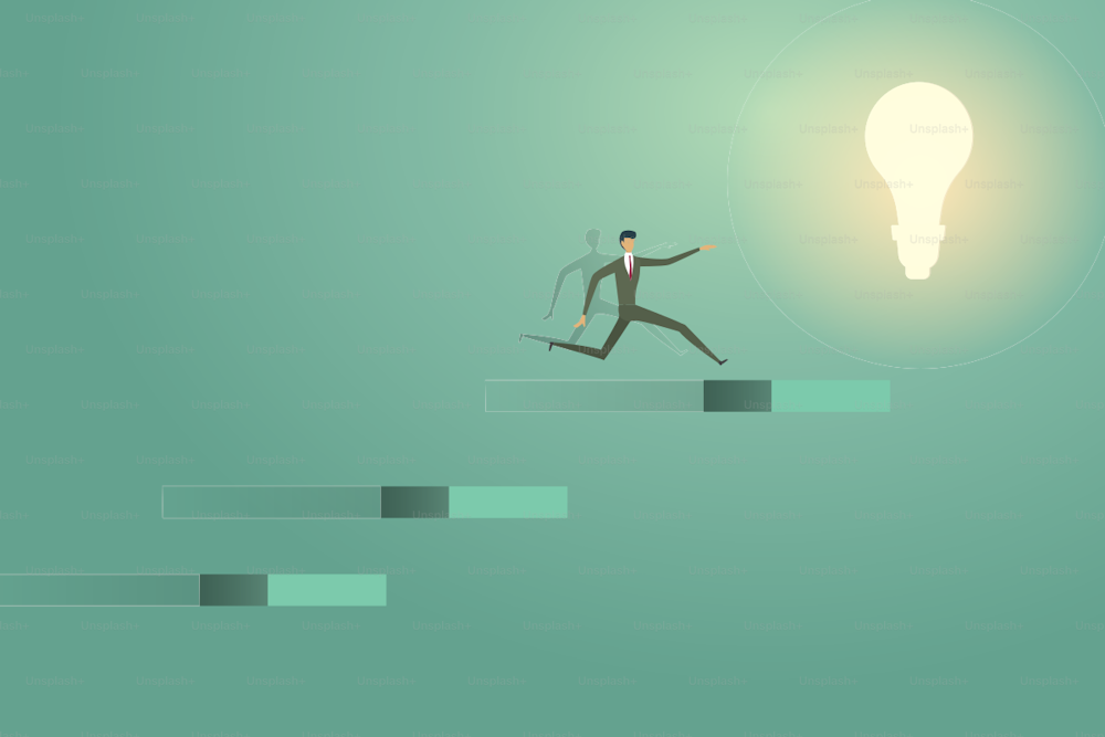 Businessman jumping go on lightbulb creative concept solution ambition succes. illustration - vector