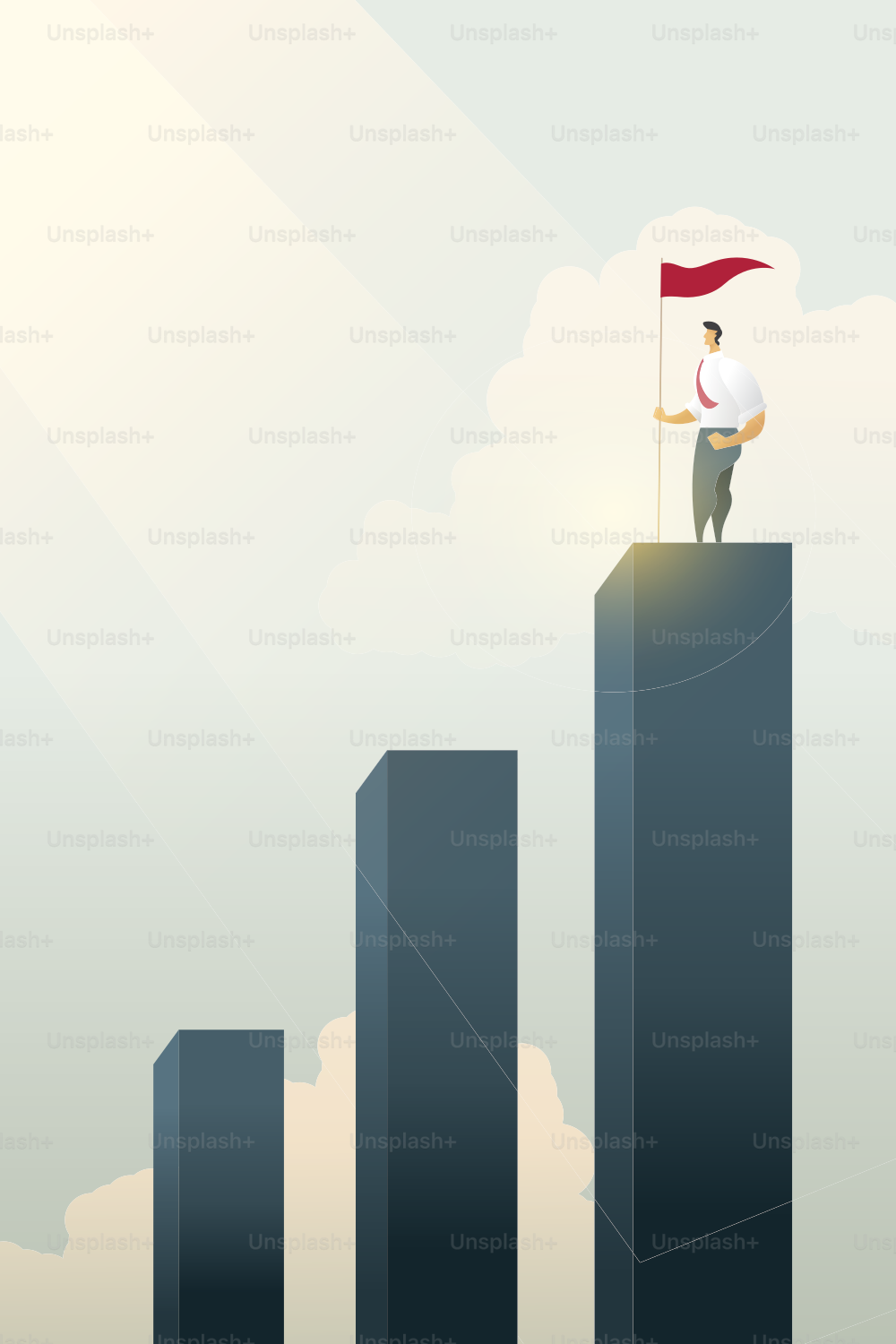 Business people proud with flag on standing on bar chart top over of goals, success. illustration Vector