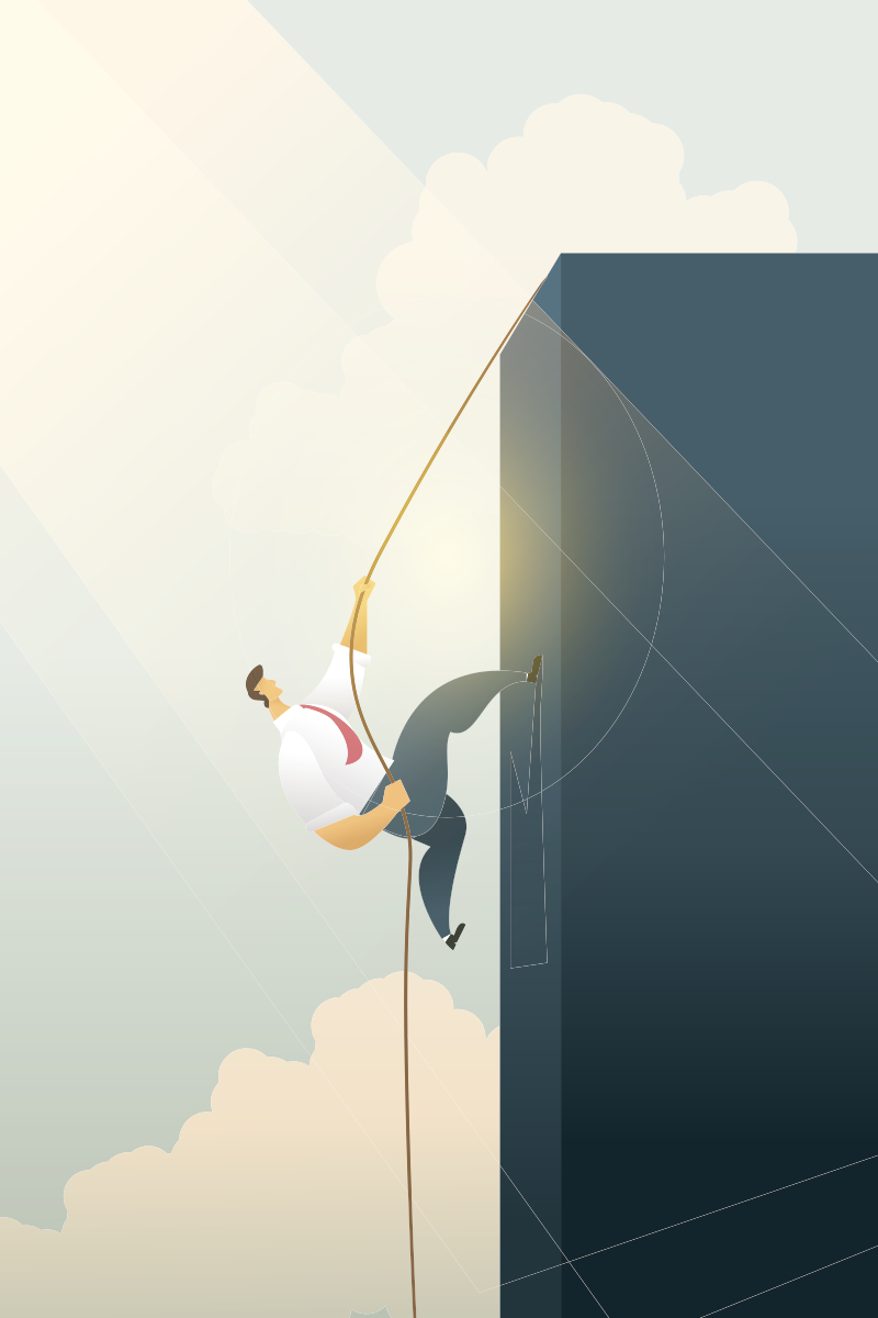 Empresários escalando um penhasco em um caminho de corda para alcançar metas ou conquistas, objetivo e motivação de negócios, crescimento, sucesso. Ilustração vetorial