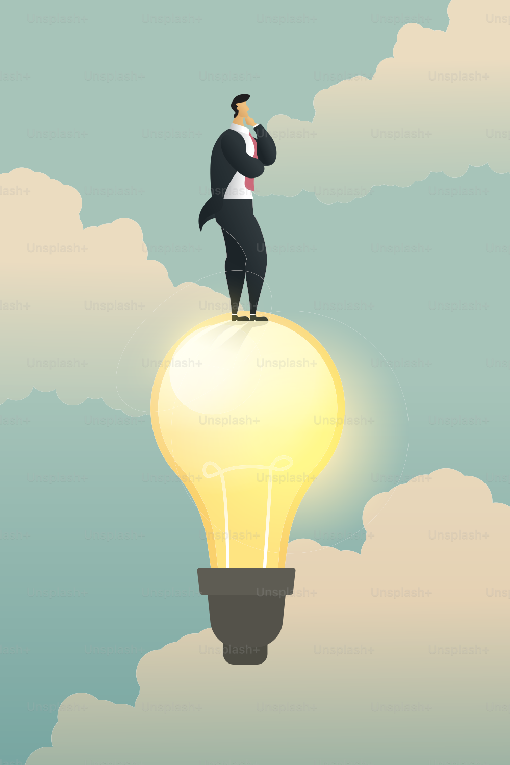 Creativity thinking businessman solution stand on light bulb. illustration vector