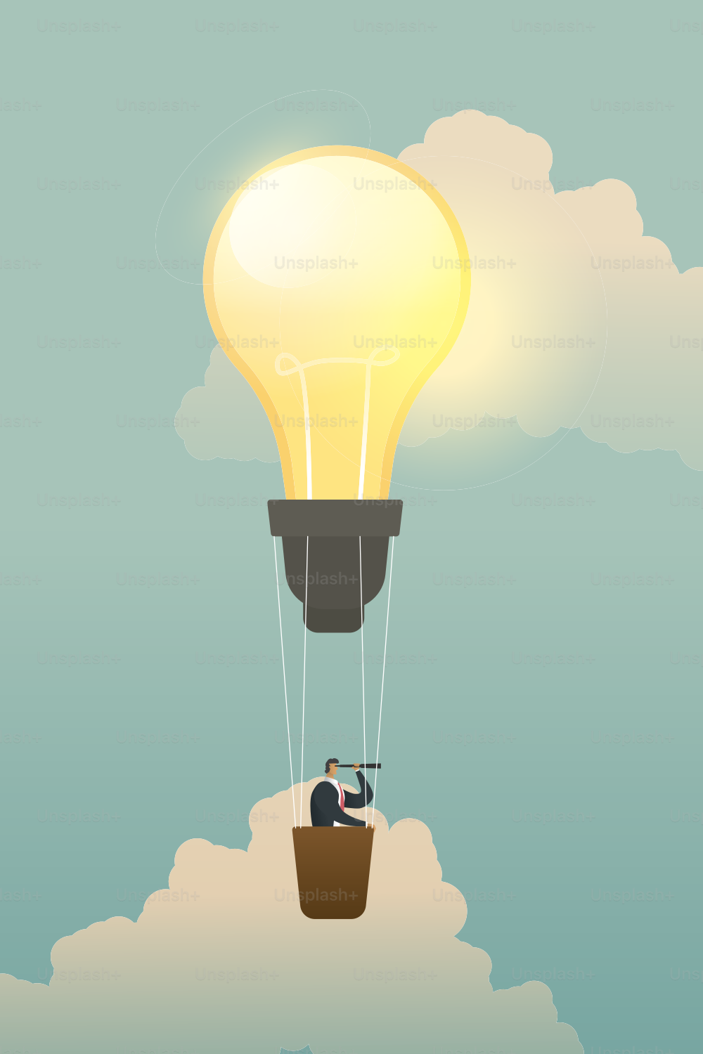 Uomo d'affari alla ricerca di opportunità sulla lampada a bulbo balloon.illustration - vettoriale