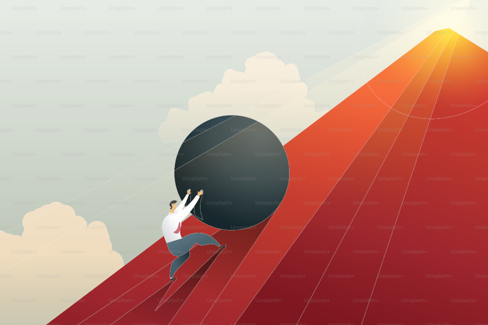 Businessman pushing boulder up to hill and hard work challenge. Concept illustration vector.