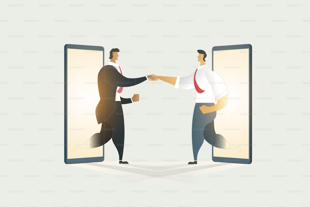 Business people shaking hands through cooperation on display mobile. illustration - vector
