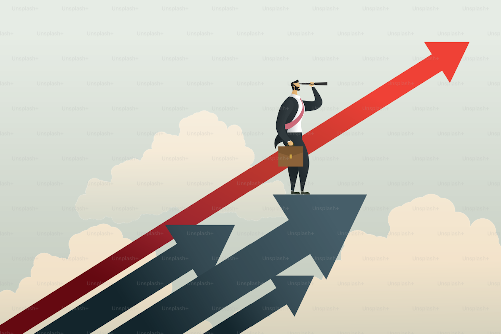Businessman standing searching for opportunities goal on arrow. illustration Vector