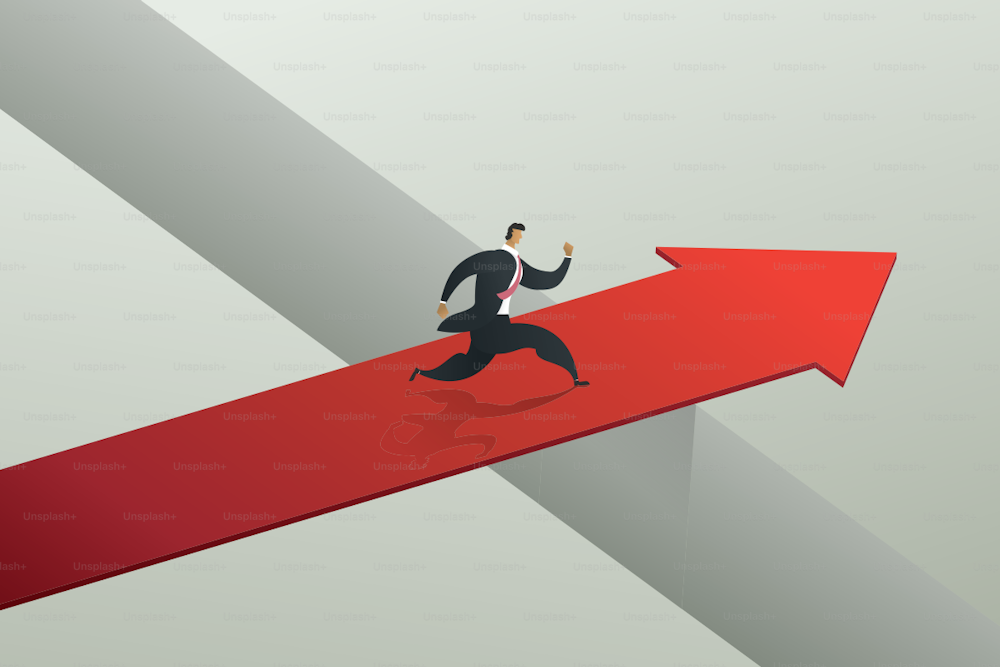 Hombre de negocios corriendo cruzar el puente de flecha roja para lograr el objetivo. Vector de ilustración conceptual