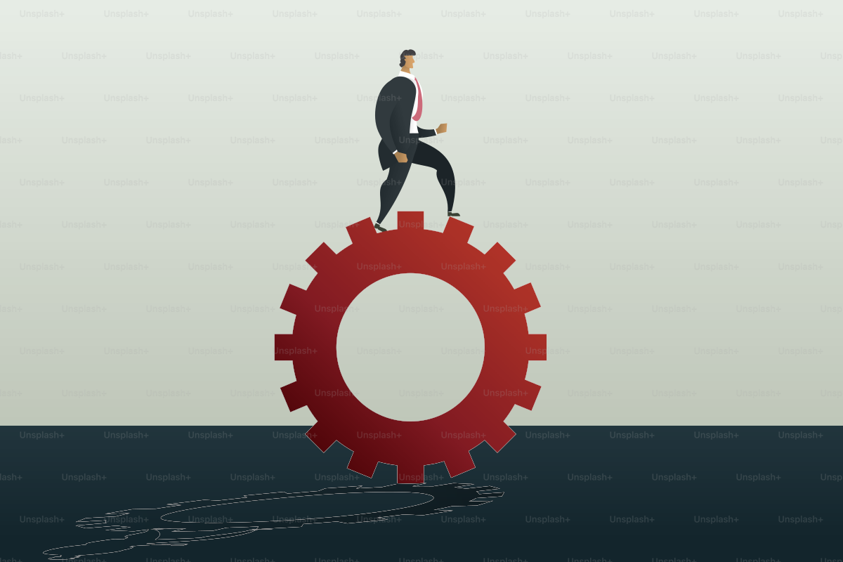 Empresário correndo ao longo do mecanismo de engrenagem. Ilustração vetorial do conceito de negócio