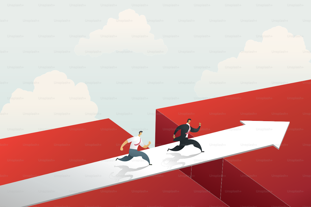 Geschäftsmann rennt über die rote Pfeilbrücke, um das Ziel zu erreichen. Konzept Illustration Vektor