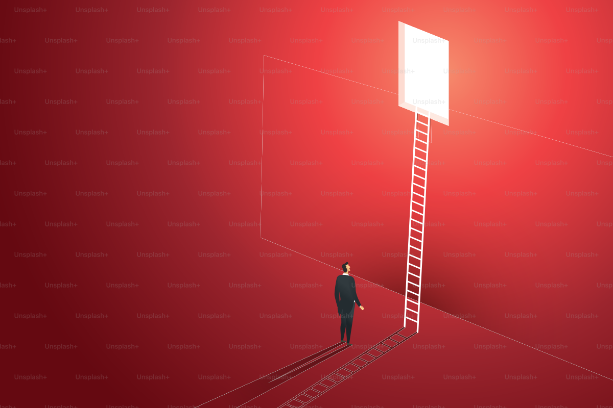 Les entrepreneurs : la vision de grimper à travers un trou sur un mur, des opportunités de solution rouge, concept créatif. Vecteur d’illustration