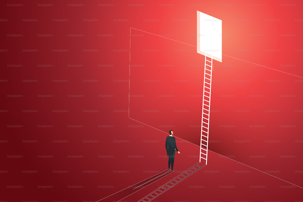 Business people vision climbing ladder through hole on wall red solution opportunities creative concept. illustration vector