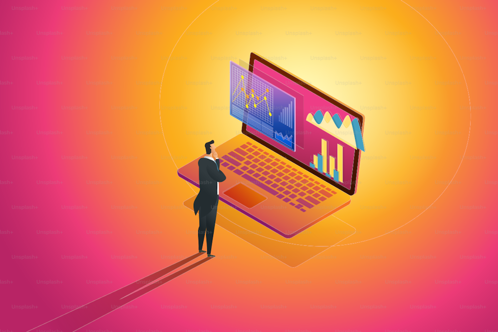Business person standing looks analysis data and Investment Infographic financial review on laptop. illustration Vector