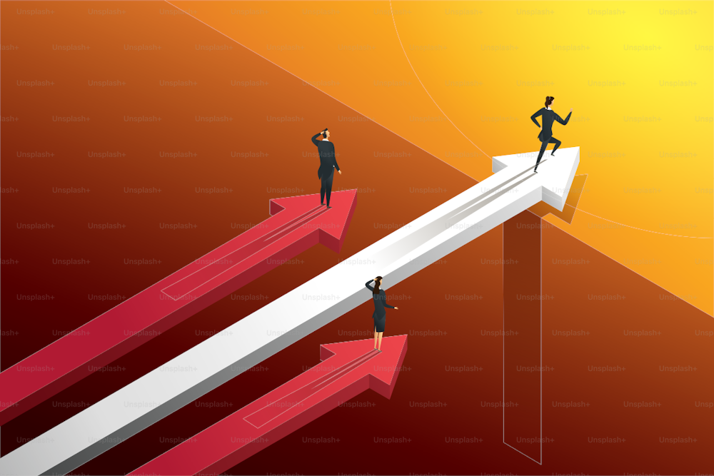 Three business people racing on the arrows but one persons running over bridge go to growth and success. illustration Vector