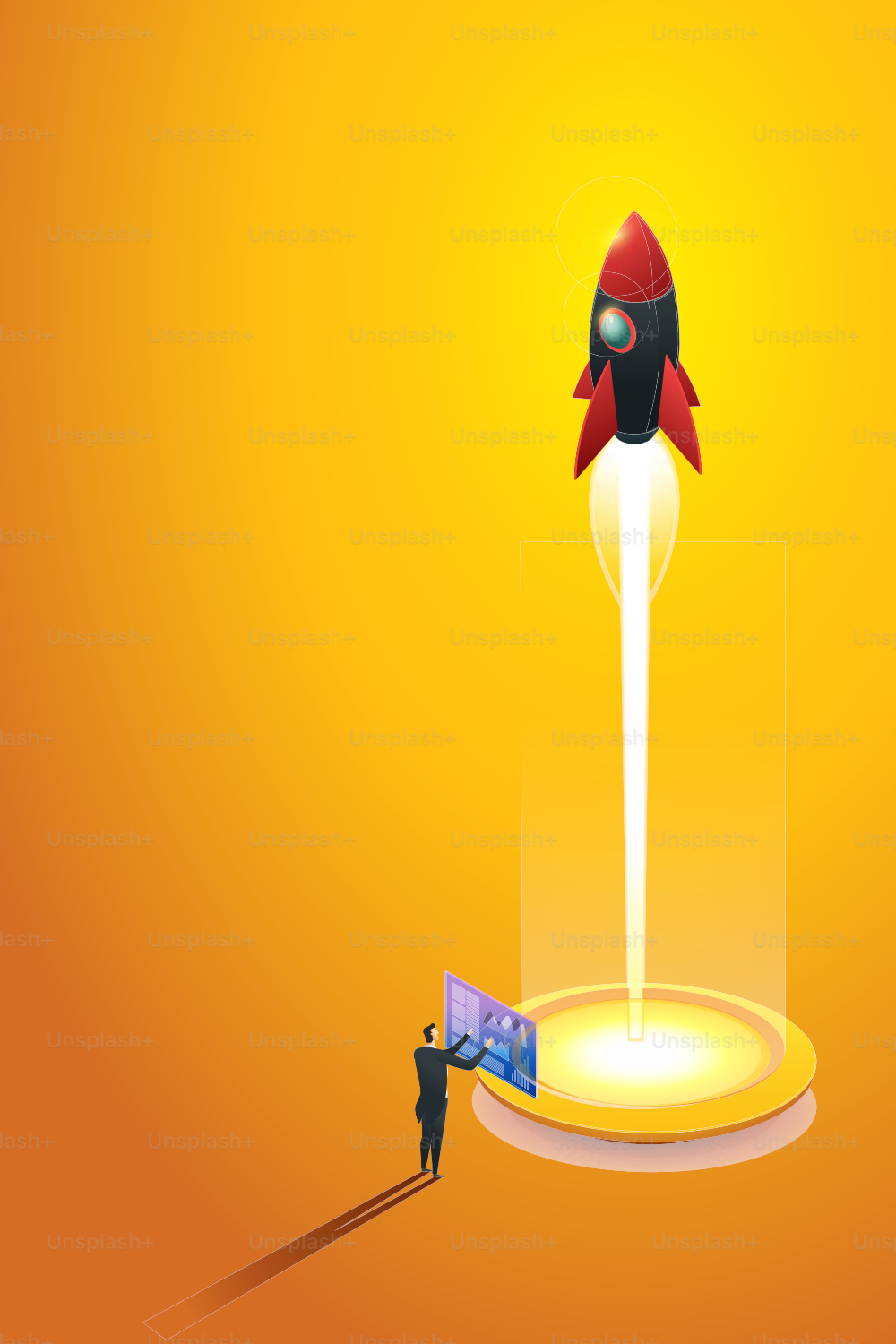 Homme d’affaires en démarrage lançant une fusée analysant la croissance de son entreprise. Concept isométrique. illustration Vecteur