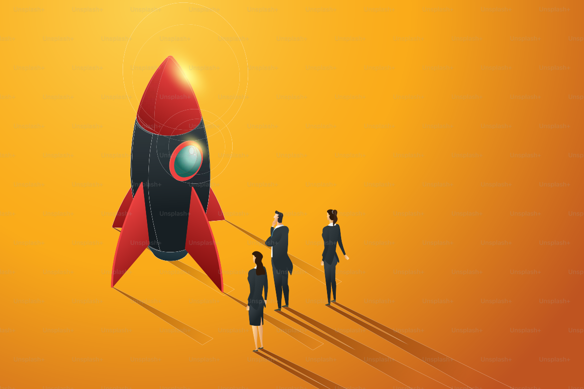 Kelompok bisnis startup orang-orang berdiri di depan roket, konsep isometrik. ilustrasi Vektor