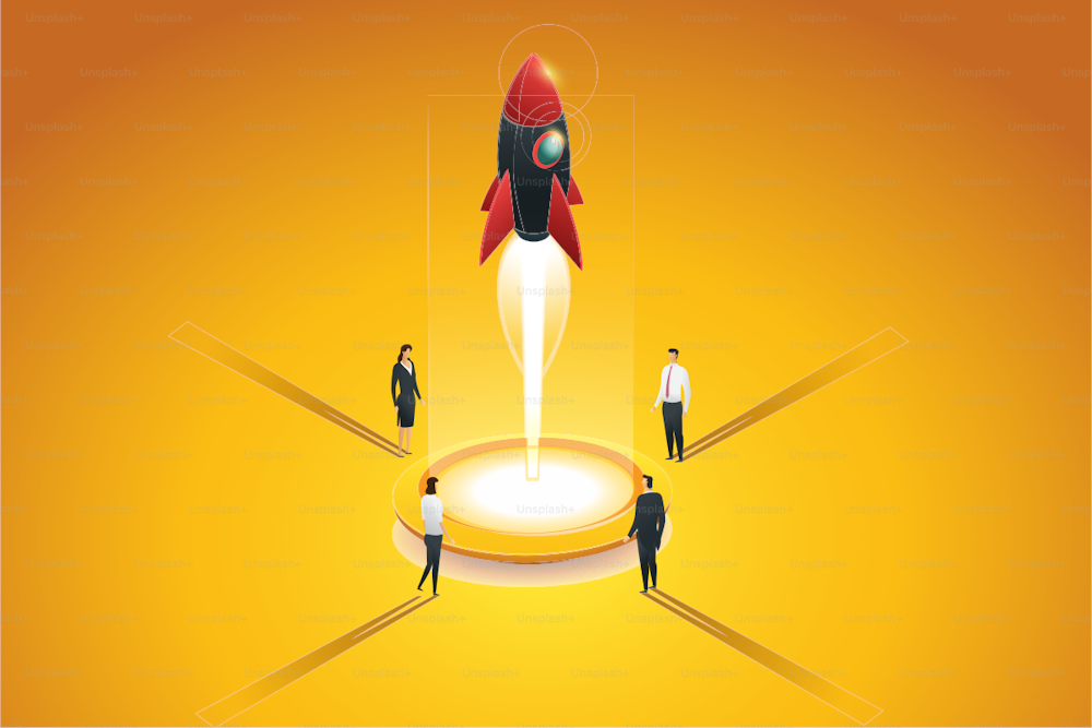 Startup business group people launching a rocket. Flat 3d isometric concept. illustration Vector