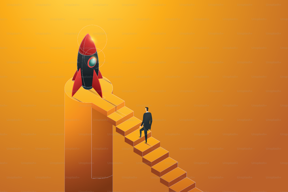 Startup businessman walking up ladder to a rocket, isometric concept. illustration Vector