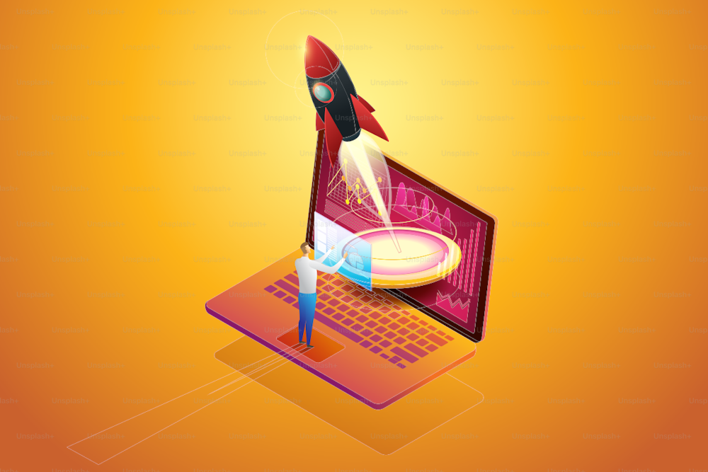 Startup business plan launching a rocket on laptop analysis his company growth and successful. isometric concept. illustration Vector
