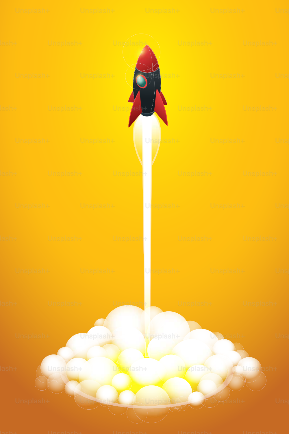 주황색 배경에 날아가는 로켓에 대한 스타트업 비즈니스. 아이소메트릭 일러스트레이션 Vecto