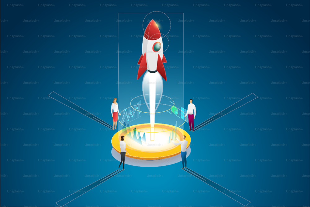 Startup business group people launching a rocket and idea through planning and strategy. Flat 3d isometric concept. illustration Vector